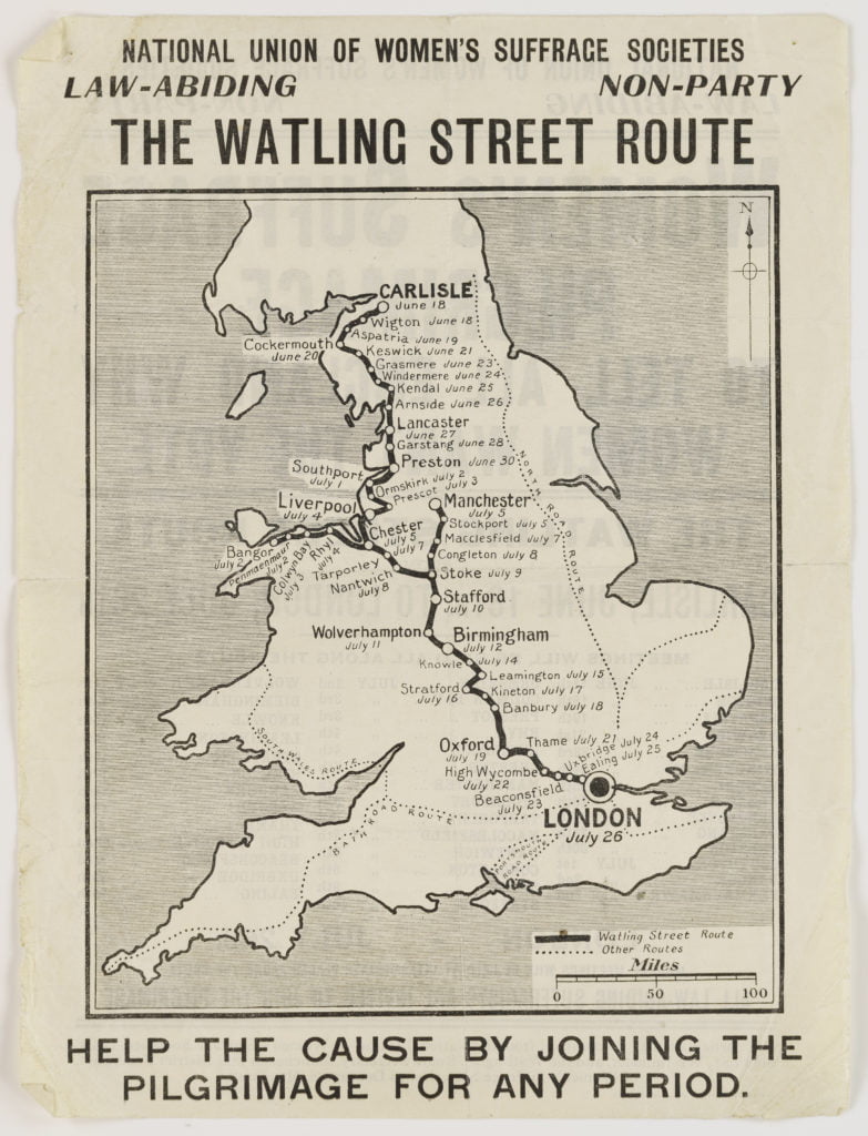 Map of the route taken by the National Union of Women's Suffrage Societies on the Women's Suffrage Pilgrimage in July 1913.
Document reference: M90/6/7/3/1