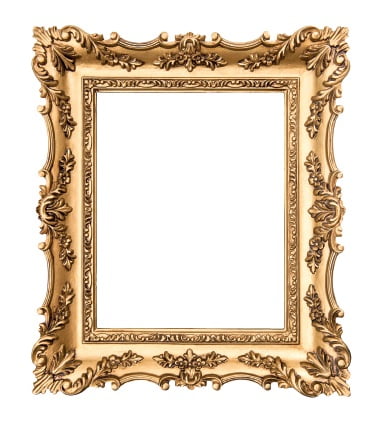 Photograph of an empty ornate gold frame