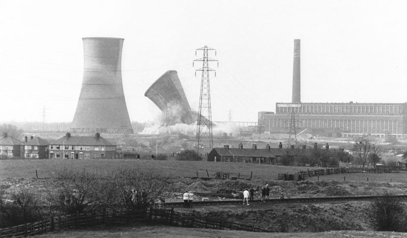 Black and white photo of Chadderton Power station being demolished in 1986.