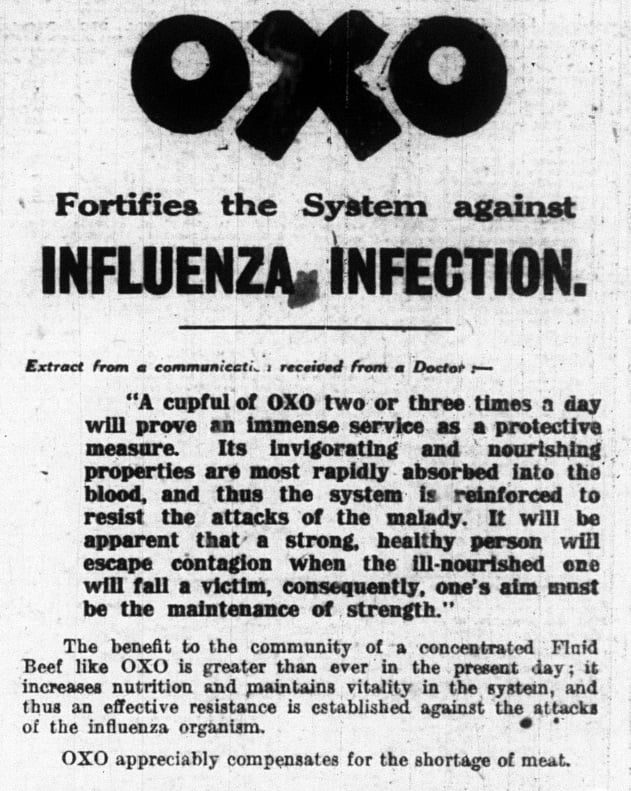 OXO advert 'Oxo fortifies the system against Influenza Infection' taken from the Oldham Chronicle.