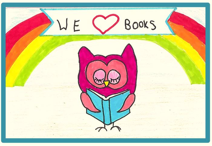 Child's drawing of an owl reading under a rainbow