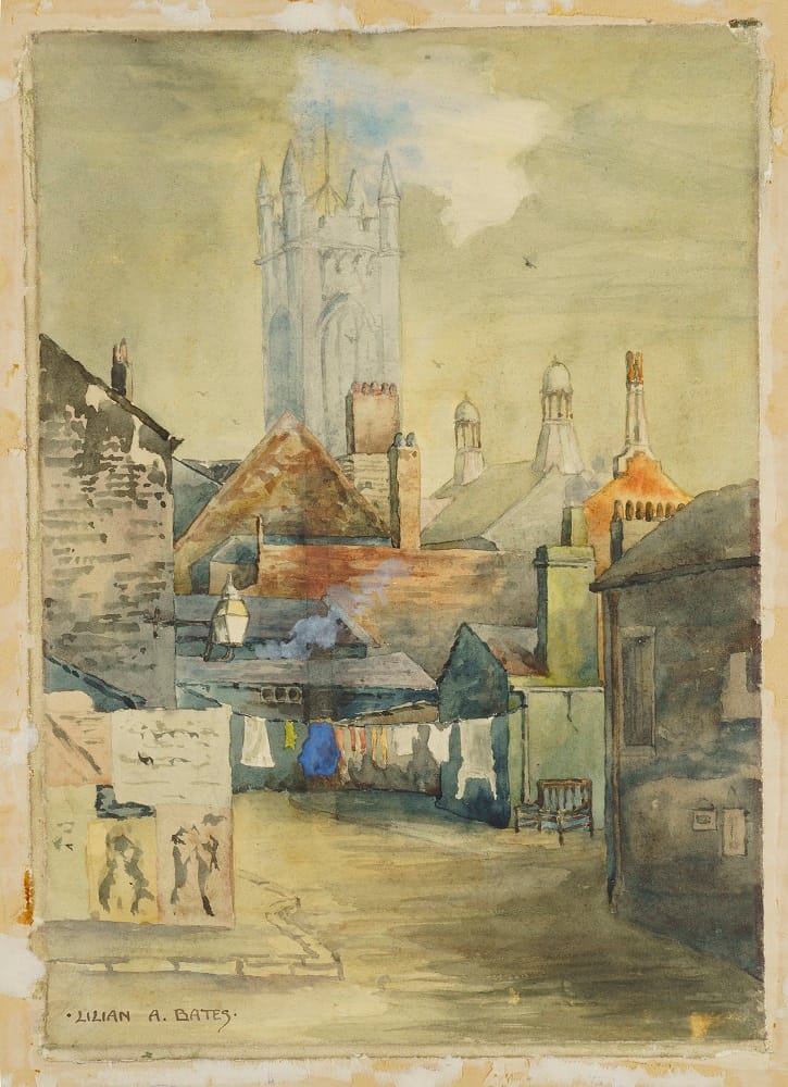 Watercolour entitled Old Oldham showing the Parish Church and terrace streets with washing hung out to dry.