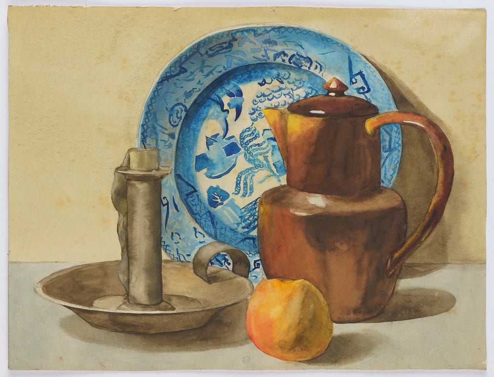 Still life painting with jug, candlestick, plate and fruit.