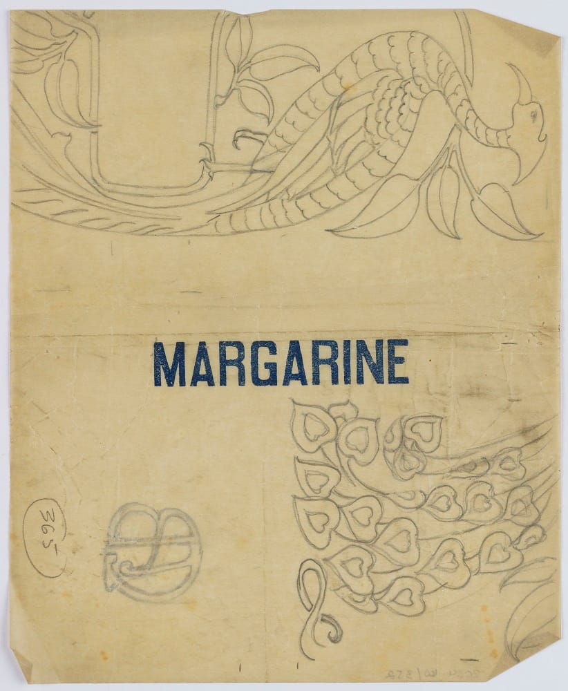 Design for margarine wrapper influenced by arts and craft style.