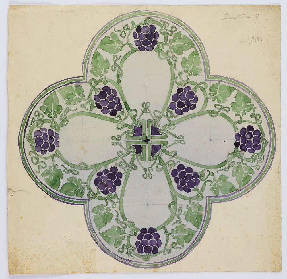 Decorative design with grapes and grape leaves influenced by arts and craft movement.