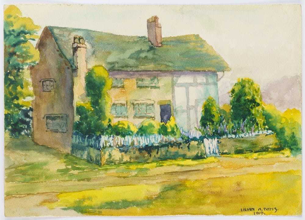 Watercolour painting of Chadderton with cottage and garden.