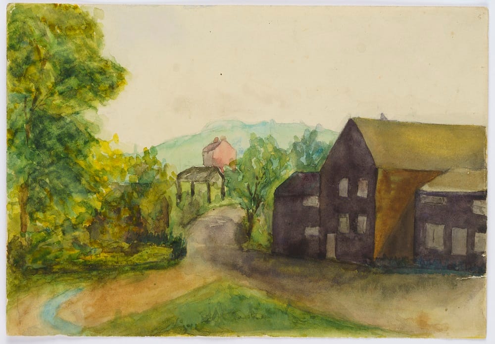 Watercolour painting of Chadderton Fold showing cottages and fork in lane.