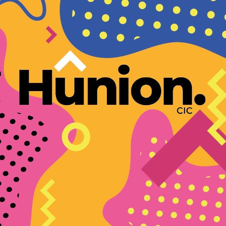 Hunion logo mainly orange blue and pink colours