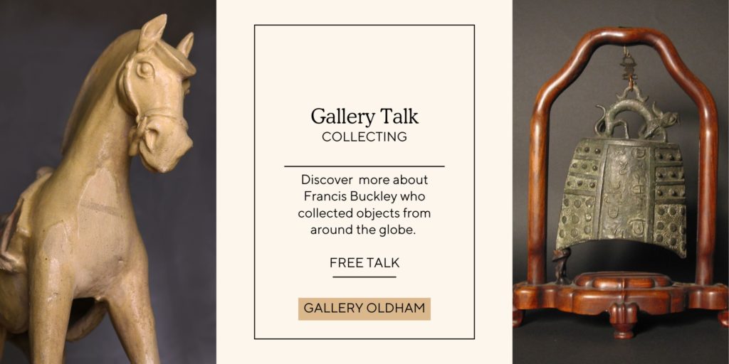 Tang Horse sculpture and Chinese bell collected by Francis Buckley shown advertising free talk.