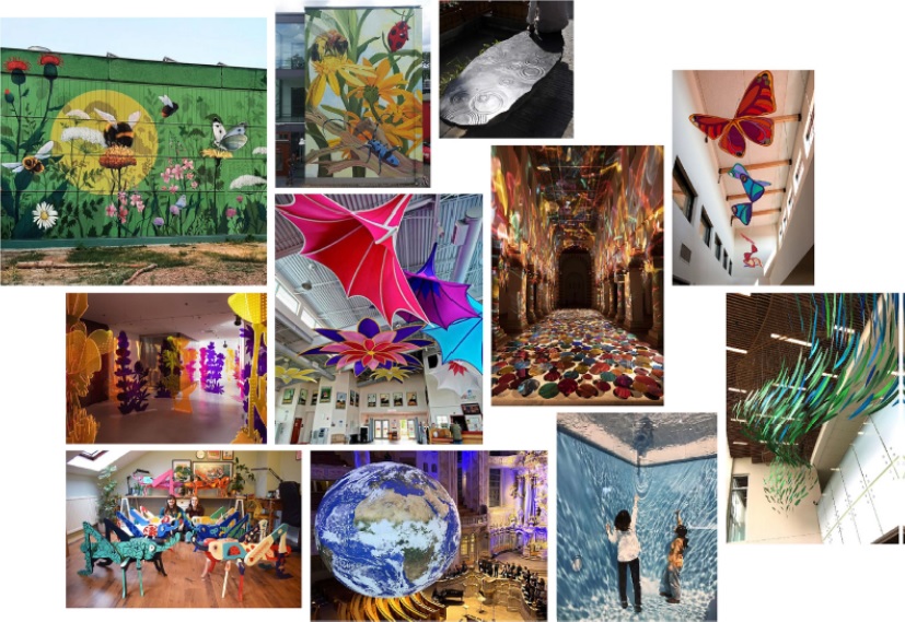 Mood board showing murals with insects and flowers, reflections created by coloured acrylic, large colourful crickets, butterflies and ceiling hung flowers and fish shouls.