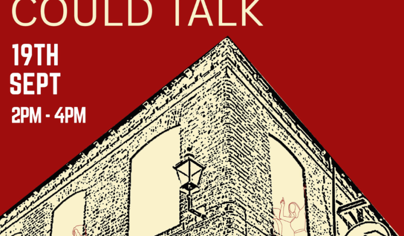 Digital line drawing of the upper exterior of Billingtons Oldham with red background and white text about event info.