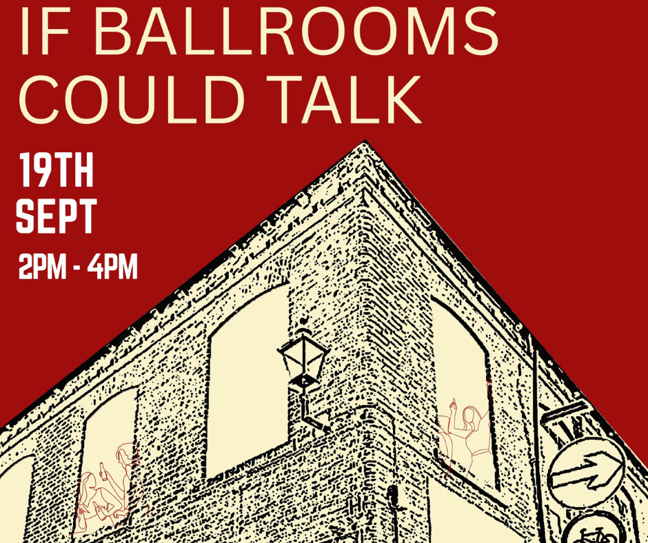 Digital line drawing of the upper exterior of Billingtons Oldham with red background and white text about event info.