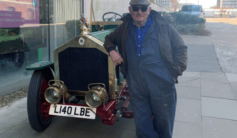 Frank Rothwell stands alongside his Kiichiro Rothwell car outside Gallery Oldham.