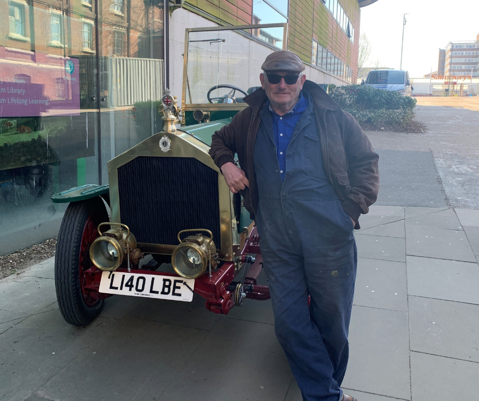 Frank Rothwell stands alongside his Kiichiro Rothwell car outside Gallery Oldham.