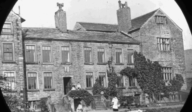 Black and white glass negative of the old Royton Hall on Hall Street.
