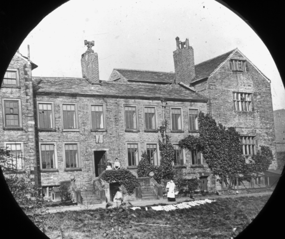 Black and white glass negative of the old Royton Hall on Hall Street.