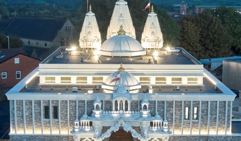 Drone shot of Shree Swaminarayan Temple lit up