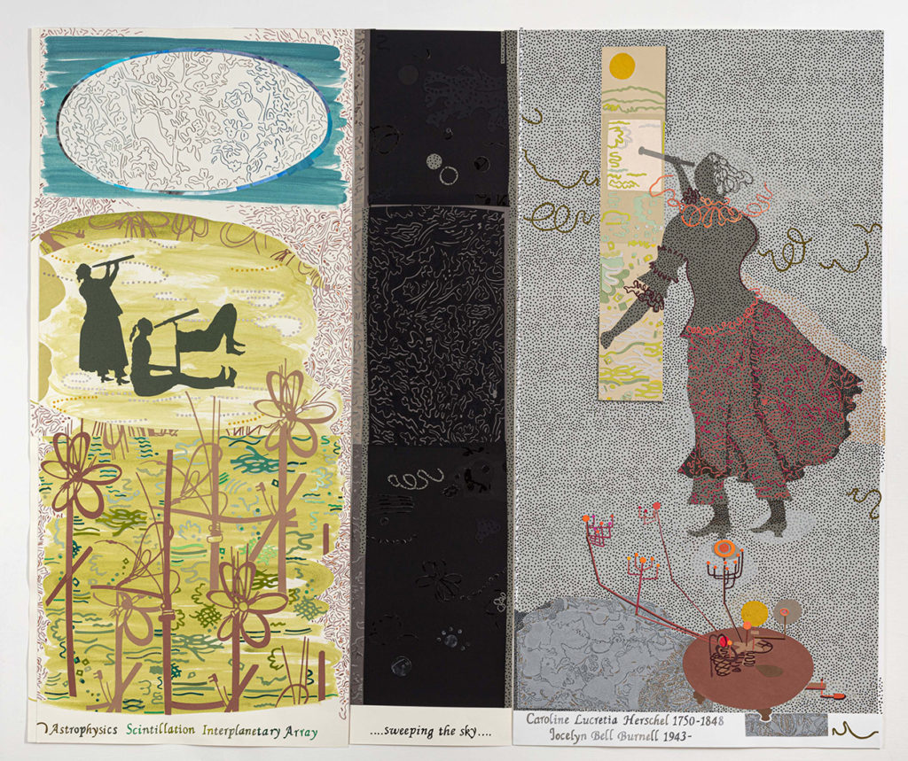 Papercut showing women looking through a telescope.