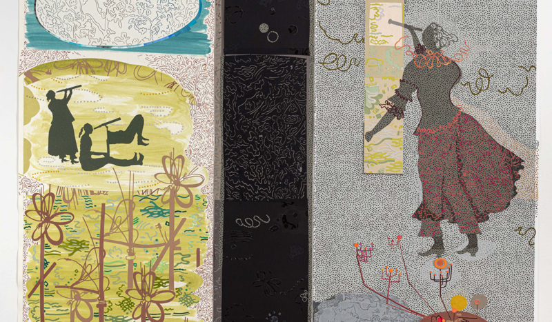 Papercut showing women looking through a telescope.