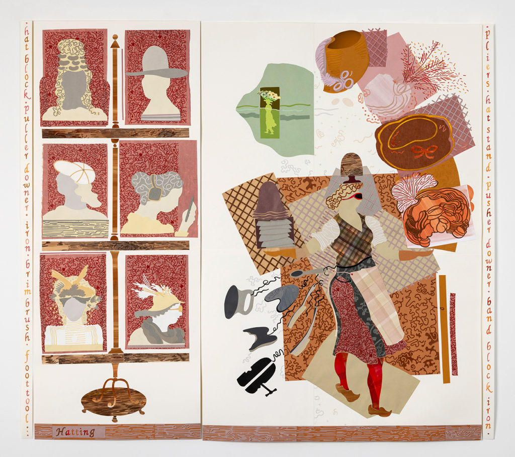 Large scale papercut entitled Hatting. Left: Six silhouette heads of women with different styles of headwear through the ages. Right women with hats and tools associated with hatting.