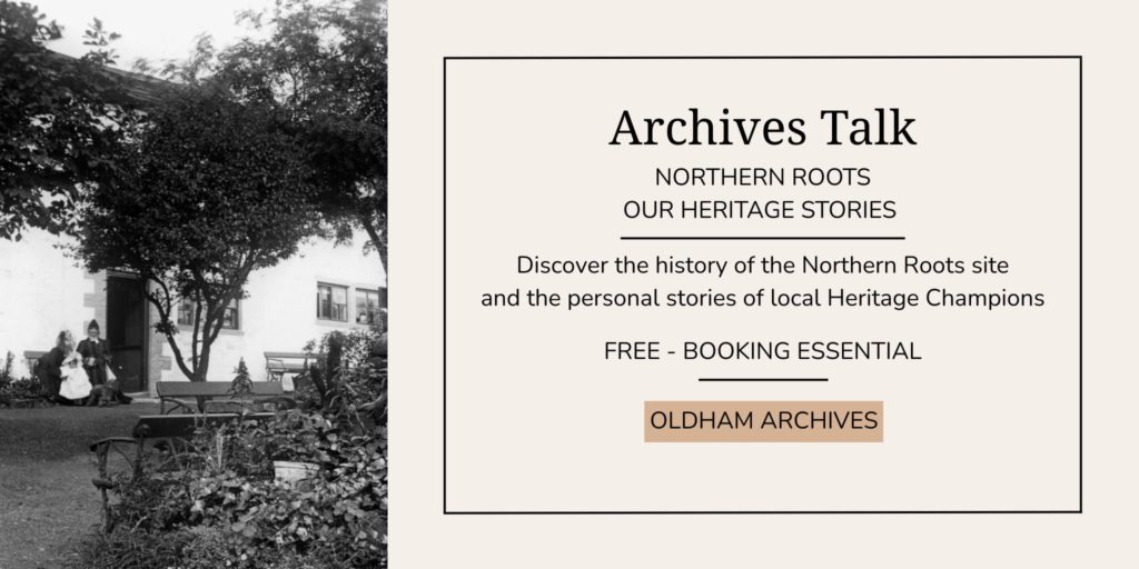 Banner image providing information about an archives talk with a black and white image on the left and a box of text on the right.