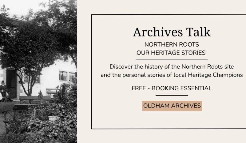 Banner image providing information about an archives talk with a black and white image on the left and a box of text on the right.