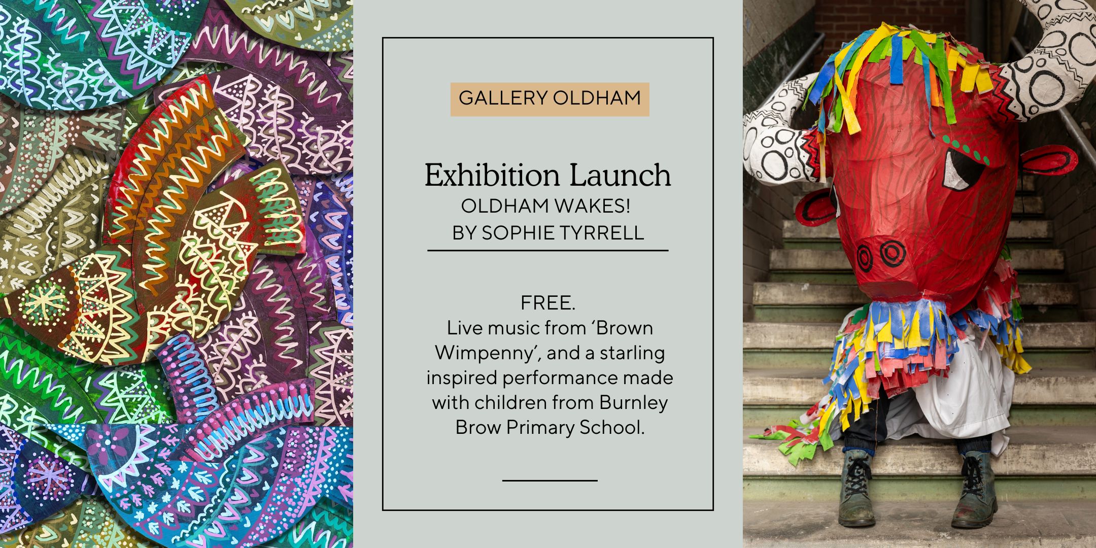 Advert for exhibition opening showing Bison by Sophie Tyrrell and Starlings.